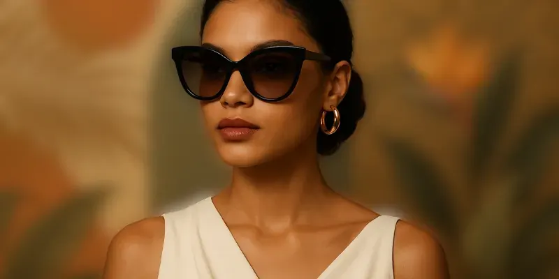 The image shows a woman with a blurred fashion background behind her.