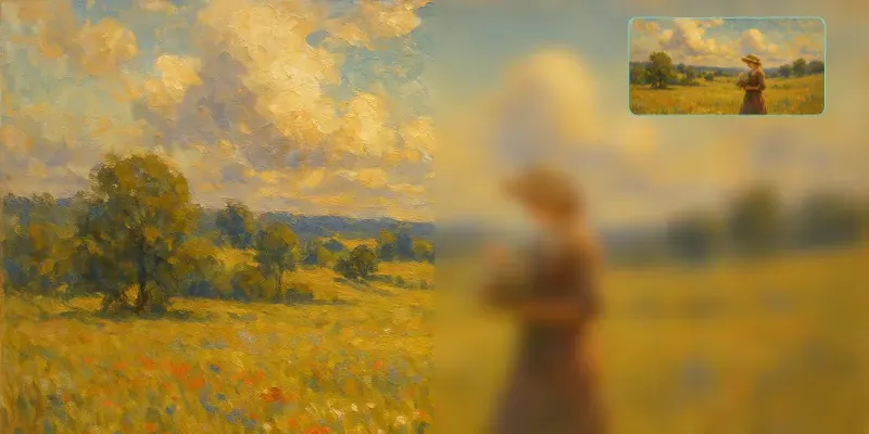 Shows the original effect of the oil painting and the blurred effect